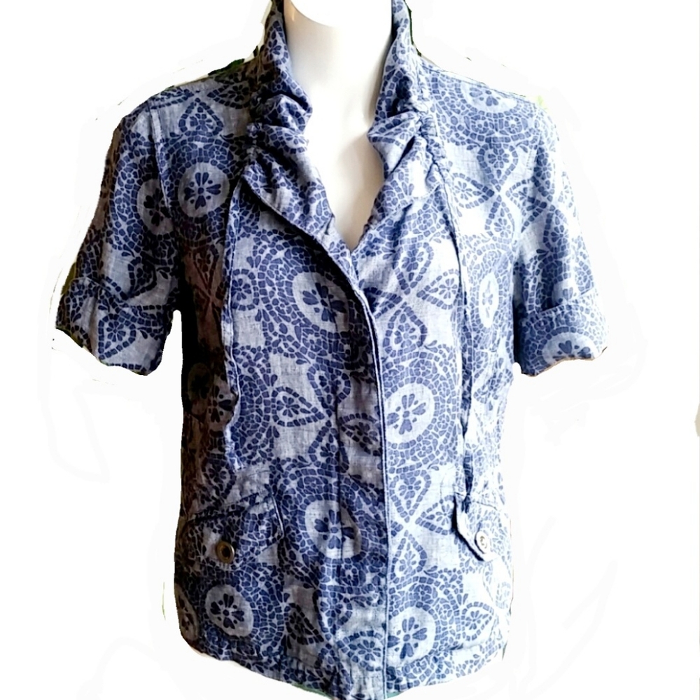 JM Collection Floral Blue Linen Jacket Short Sleeves Size 6